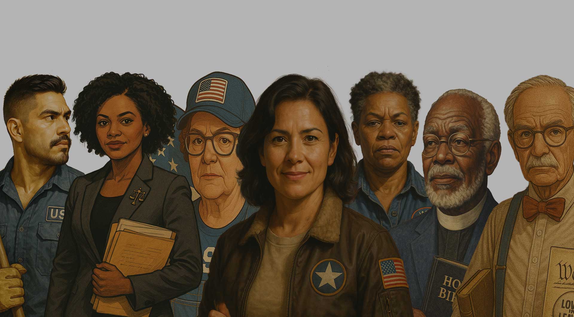 The Ameriquins™ — Guardians of America's True Story Portrait of the seven core Ameriquins™ standing together, representing everyday American strength, faith, and resilience, including a preacher, welder, patriot, justice advocate, digital rebel, and military veteran.