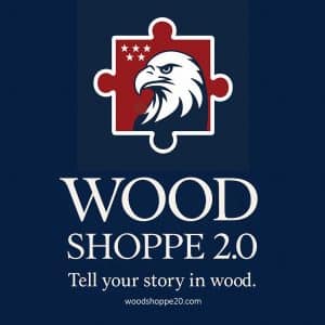WoodShoppe20-TYSIW-Main Wood Shoppe 2.0 logo featuring patriotic eagle puzzle piece with tagline: Tell your story in wood.